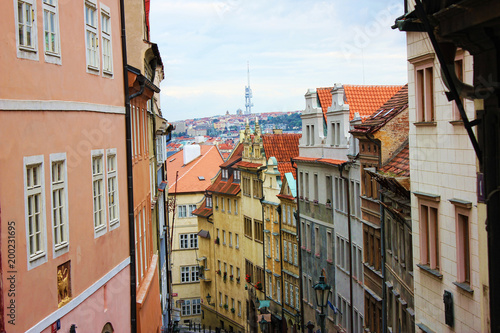 View to red tile roofs of Prague city in Czech republic.