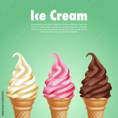 Set of realistic ice cream cones on green background. Vector Illustration
