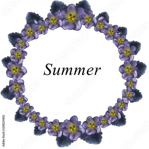circle of cute violet flowers and leaves