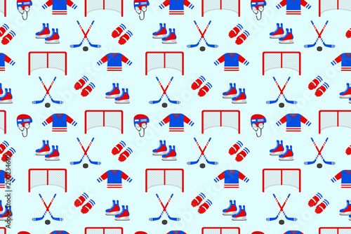 Ice hockey samless pattern. Vector background. Men's ice hockey repeated texture. Wallpaper for winter sports designs, clothes prints. Puck, stick, skates, helmet, uniform, gloves, gate. Blue and red