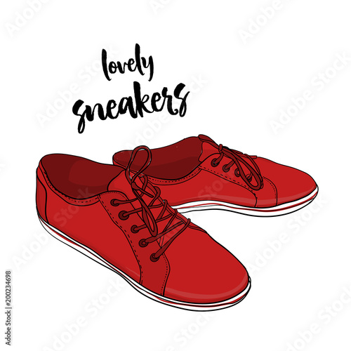 illustration of sneakers in cartoon style. Hand drawn shoes for logo, poster, postcard, fashion booklet, flyer. Graphic sport footwear for tennis on white background.