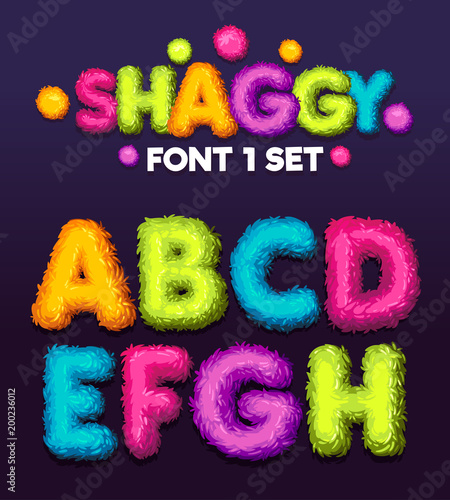 Shaggy font 1 set cartoon letters. Vector color illustration sign a, b, с, d, e, f, g, h. 