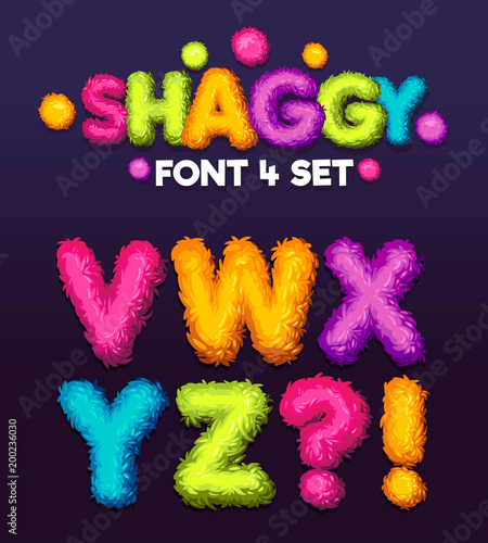 Shaggy font 4 set cartoon letters. Vector color illustration sign v, w, x, y, z