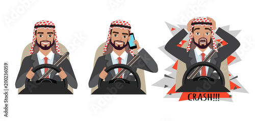 Arab businessman driving a car. man driving a car talking on the phone. The man had an accident. crash
