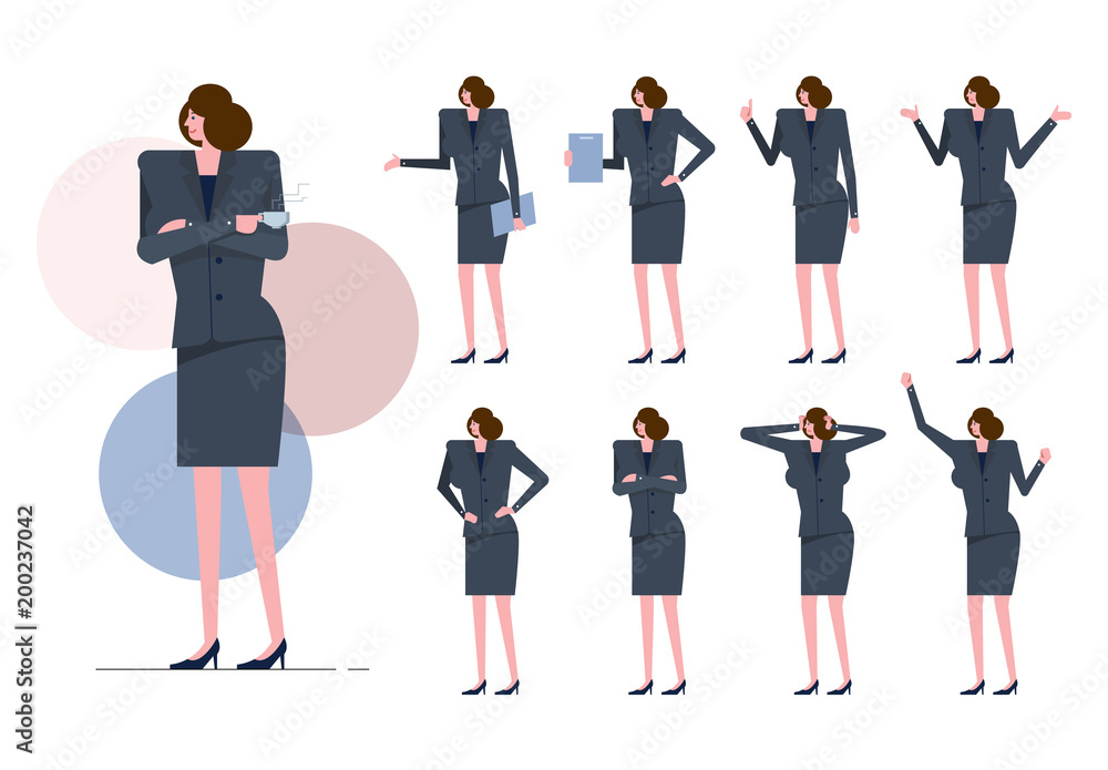 Business woman Set.  Worker woman with gray suit on many pose. flat character design. vector