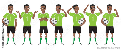 Footballer character constructor. black african american soccer player different postures, emotions set