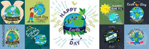 Set for Earth day, happy boy hugging planet, ecology concept of love the world, green and blue globe protection, global eco save nature vector illustration isolated on white background