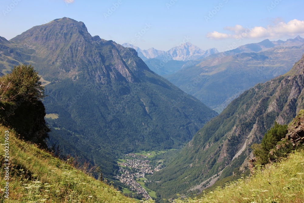 Aerial view of Valbondione and Val Seriana, Bergamo province, Prealpi Orobiche, Lombardy, Italy