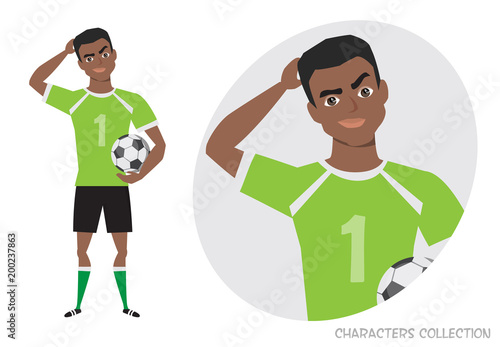 the black african american football player is pensive, thinking. Portrait of handsome young thoughtful soccer player. Vector character in cartoon style