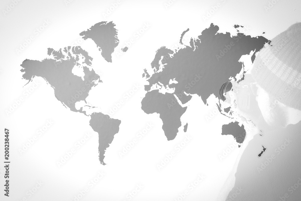 bearded man on white background with world map. bearded man on white background with world map.