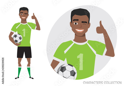 Positive black african american soccer player smiling and recommended.