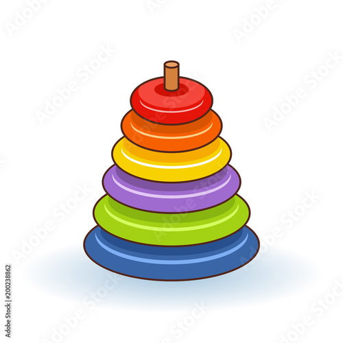 Pyramid icon. Childrens colorful plastic toy. Rainbow color stacking ring set. Triangle shape. Education card for kids. Isolated. White background. Flat design. Vector illustration