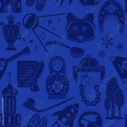 Matryoshka, balalaika, bear and other national symbols of Russia, seamless pattern background