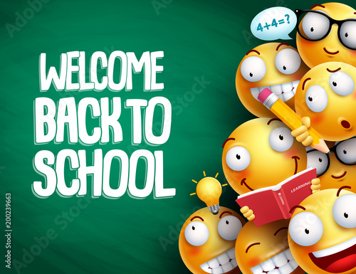 Welcome back to school text and smileys with facial expressions or emoticons students in chalkboard background for education. Vector illustration.
