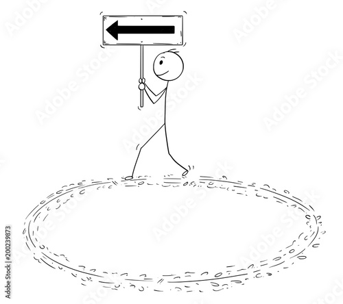 Cartoon stick man drawing conceptual illustration of motivated businessman holding arrow sign and walking in circle. Business concept of motivation and enthusiasm.