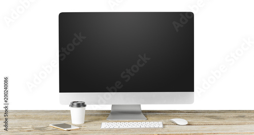 Computer monitor black screen with keyboard on white table. Education or business concept