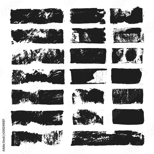 Big set of rectangular text box. Grunge paint stripe. Vector brush stroke. Black grunge spots with place for your text. Spots created with paint roller and black acrylic. Elements for design