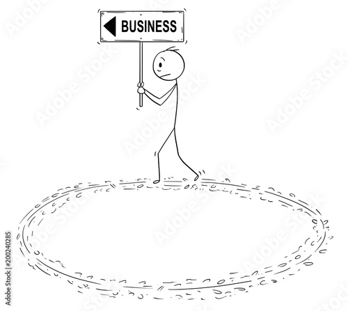 Cartoon stick man drawing conceptual illustration of frustrated businessman holding business and arrow sign and walking in circle trying to achieve success. Concept of vain effort and burnout syndrome
