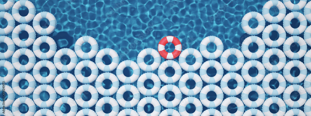 © 2mmedia - unique red float ring between blue float rings in pool. 3d rendering © 2mmedia - unique red float ring between blue float rings in pool. 3d rendering