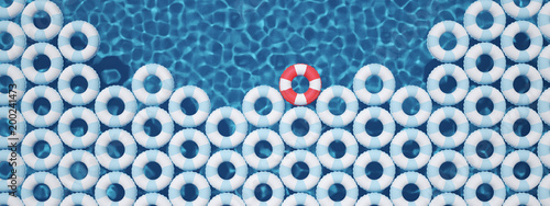 unique red float ring between blue float rings in pool. 3d rendering photo