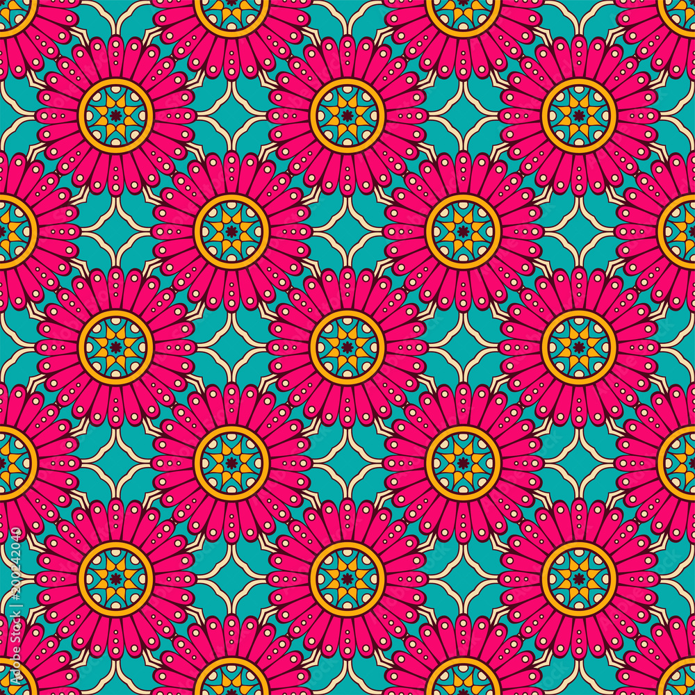 Ethnic floral seamless pattern with mandalas Ethnic floral seamless pattern with mandalas