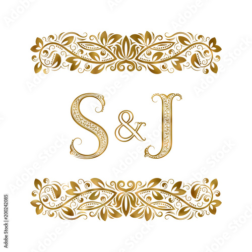 S and J vintage initials logo symbol. The letters are surrounded by ornamental elements. Wedding or business partners monogram in royal style.