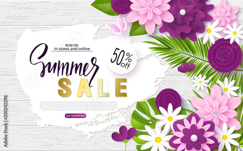Summer sale banner.Background with flowers, butterflies and tropical leaves on wooden texture.. Vector illustration for posters, coupons, promotional material.