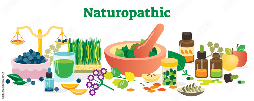 Naturopathic Health Concept Elements Collection Vector Illustration. - obrazy, fototapety, plakaty 