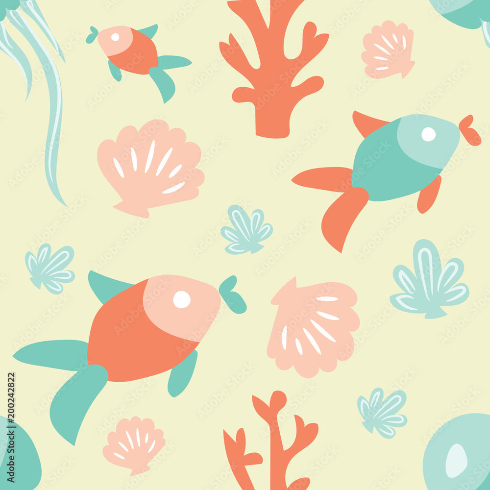 Seamless ocean background with fish coral shell and jellyfish. Tiled underwater background design. Flat illustrated blue water wrapping paper Seamless ocean background with fish coral shell and jellyfish. Tiled underwater background design. Flat illustrated blue water wrapping paper