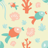 Seamless ocean background with fish coral shell and jellyfish. Tiled underwater background design. Flat illustrated blue water wrapping paper