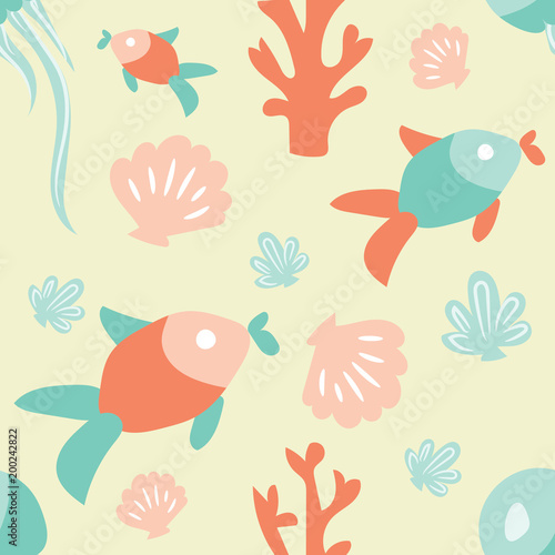 Seamless ocean background with fish coral shell and jellyfish. Tiled underwater background design. Flat illustrated blue water wrapping paper