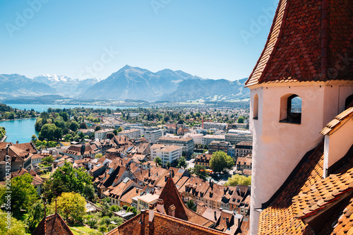 Obraz na plátně Thun cityscape with Alps mountain and lake in Switzerland