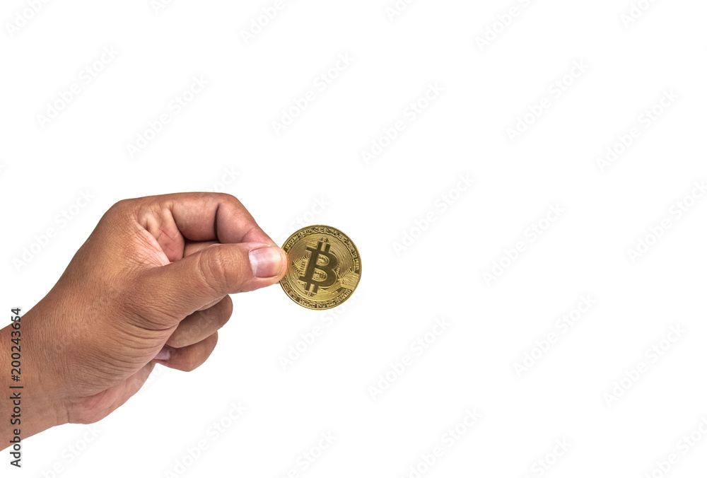 man's hand holding golden Bitcoin on white background man's hand holding golden Bitcoin on white background