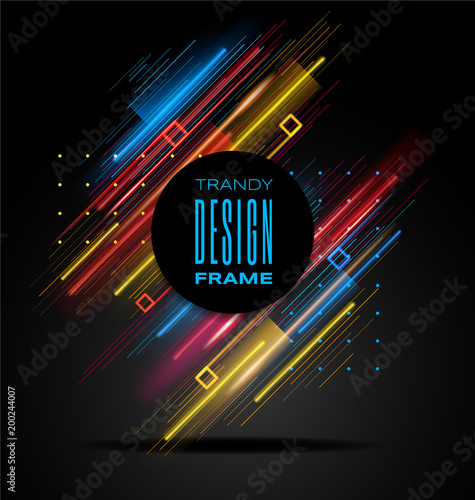 Vector modern frame with geometric neon glowing lines isolated on black background. Art graphics with glitch effect. Design element for business cards, gift cards, invitations, flyers, brochures.