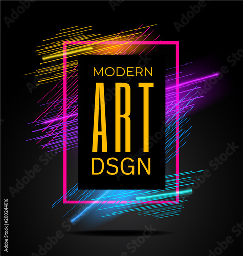 Vector modern frame with geometric neon glowing lines isolated on black background. Art graphics with glitch effect. Design element for business cards, gift cards, invitations, flyers, brochures.