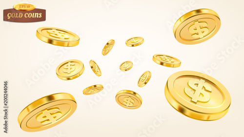 Realistic gold coin explosion or splash on white background. Rain of golden coins. Falling or flying money. Bingo jackpot or casino poker or win element. Cash treasure concept. Vector 3d illustration