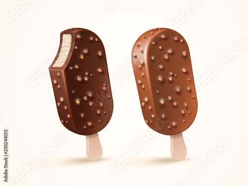 Vector ice cream bar with dark and milk chocolate glaze with nuts isolated on light background for design uses on white background in 3d illustration. Packaging design element for product advertising