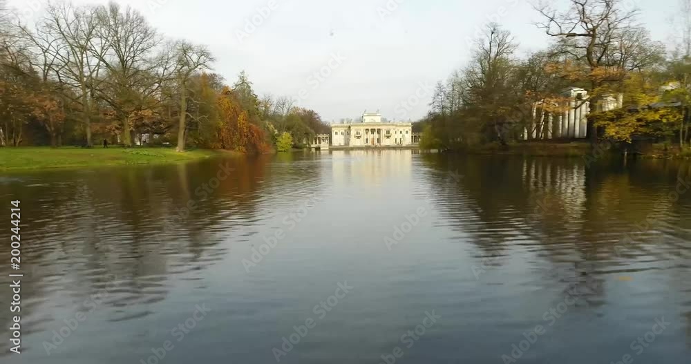 Flying Over The Lake In Lazienki Park. Drone Shot Flying Over The Lake In Lazienki Park. Drone Shot