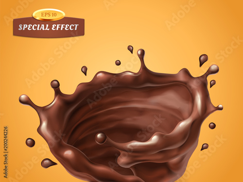 Splashing whirl chocolate cream or sauce isolated on orange background. Vector special flow effect. Liquid wave with droplets. Packaging design element for product advertising. 3d illustration.