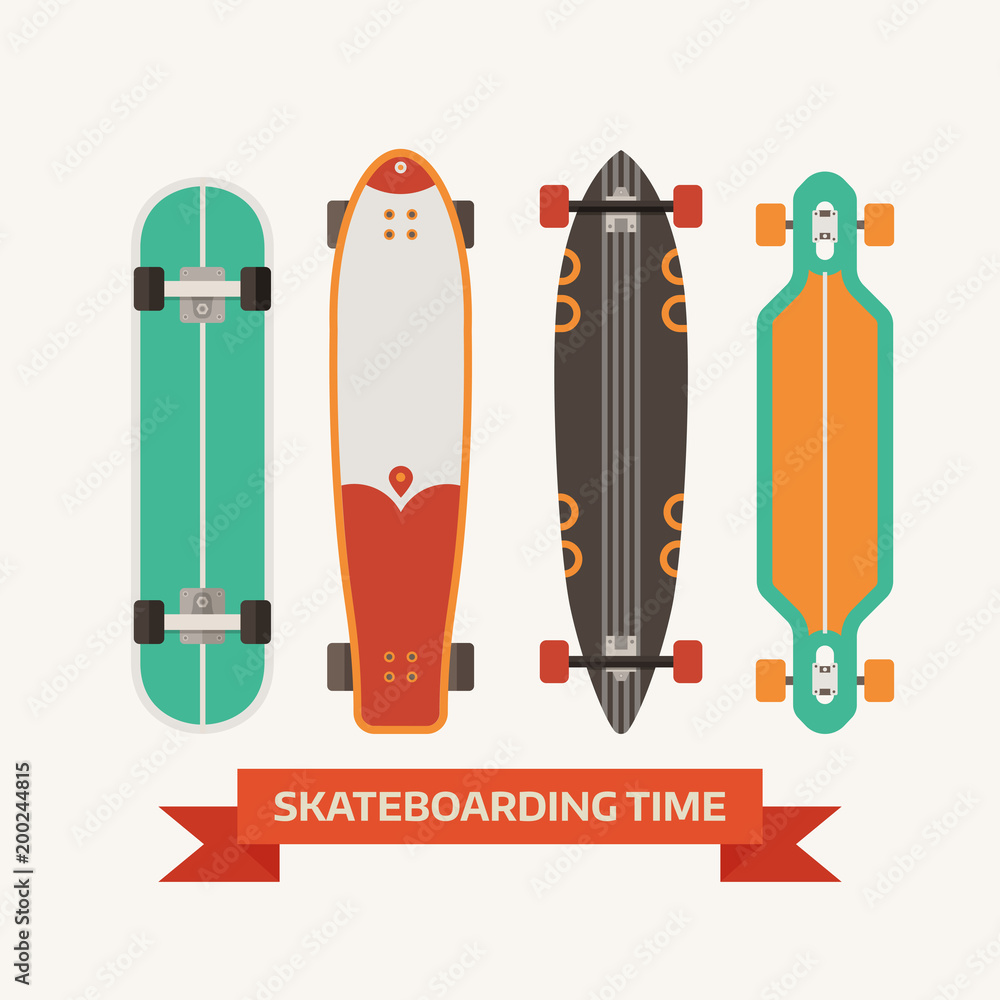 Retro skateboard set with different skate deck types in flat design.  Vintage skateboarding desks set. Classic skate board, longboard and  shortboard. Stock Vector | Adobe Stock