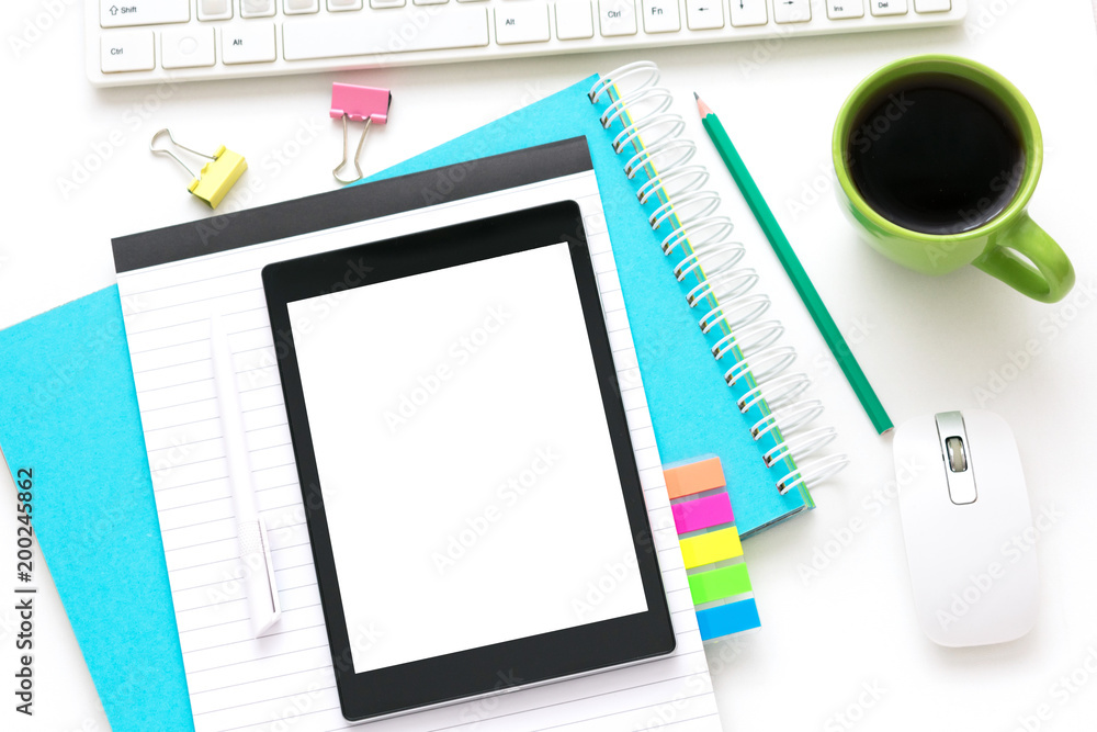 white Desk, tablet PC, lying on the table, white background with copy space, for advertisement, top view white Desk, tablet PC, lying on the table, white background with copy space, for advertisement, top view