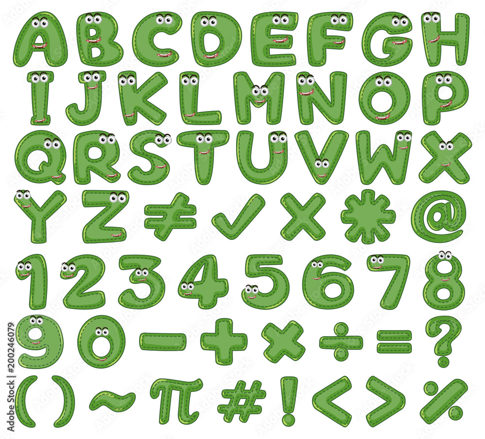 Font design for english letters and numbers in green Font design for english letters and numbers in green