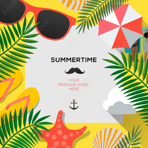 Summer web banner background. Hello Summer Holiday party beach template backdrop, vector illustration.