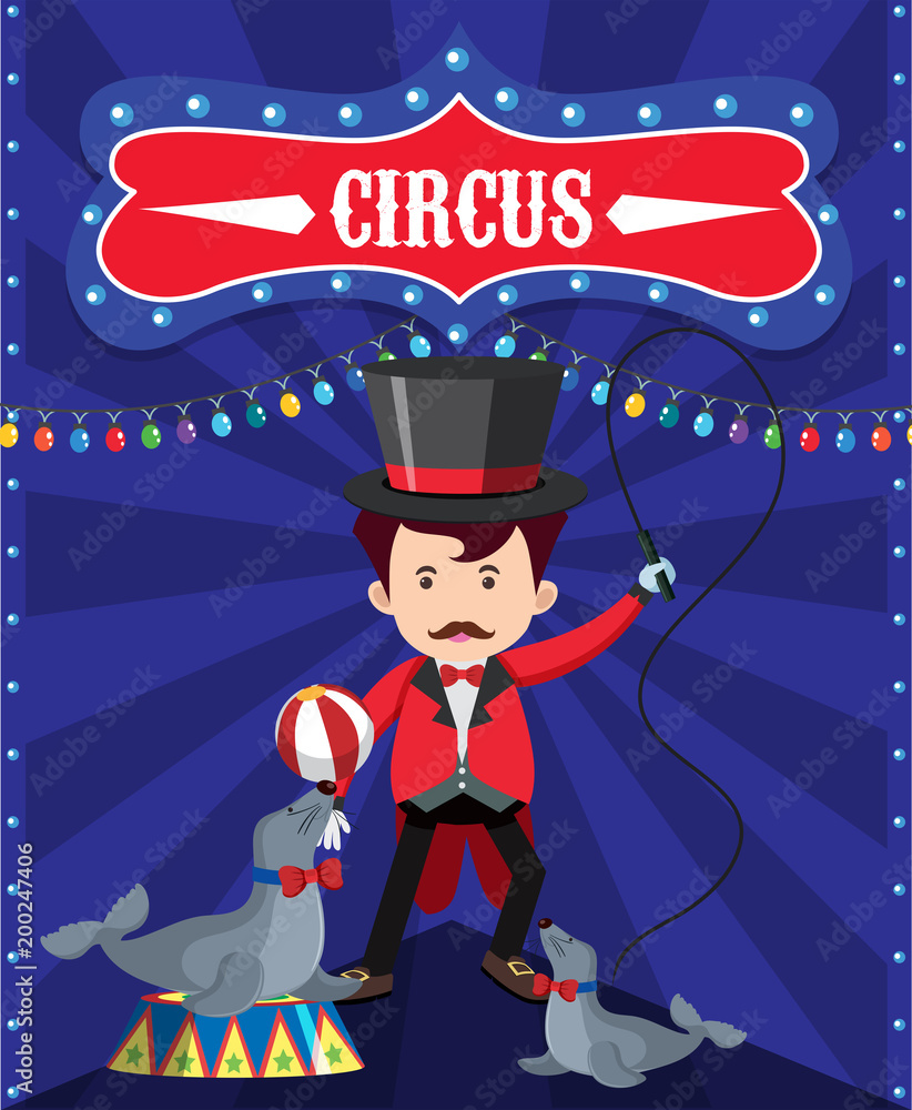 Poster design for circus with ring master and seals