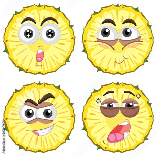 Fresh pineapple with different faces