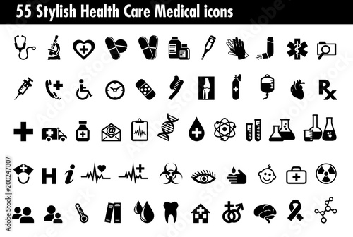 55 Stylish Medical Healthcare Icons Set, Symbols relating to pharmacy business, drugstore and science, for use in your products and presentations.