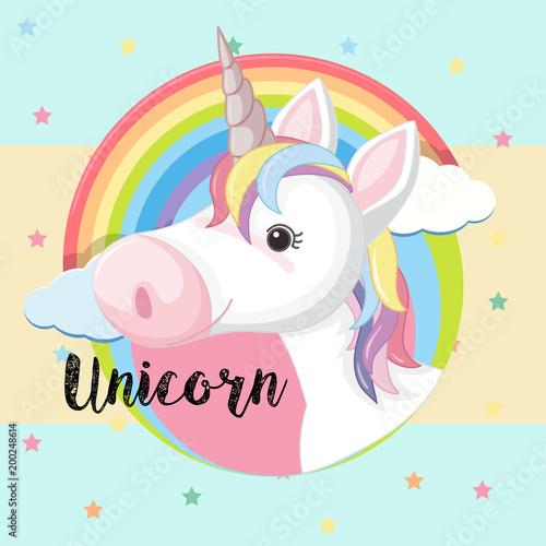 Poster design with unicorn head and rainbow