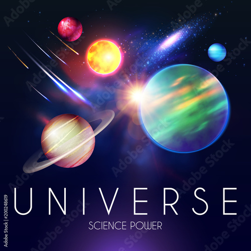 Space Shining Backgrouns with Realistic 3D Planets and Stars. Univerce and Cosmos Design. Light of a Galaxy. Science Template.