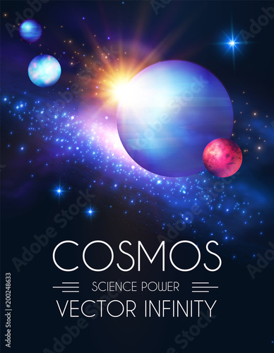 Space Shining Backgrouns with Realistic 3D Planets and Stars. Univerce and Cosmos Design. Light of a Galaxy. Science Template.