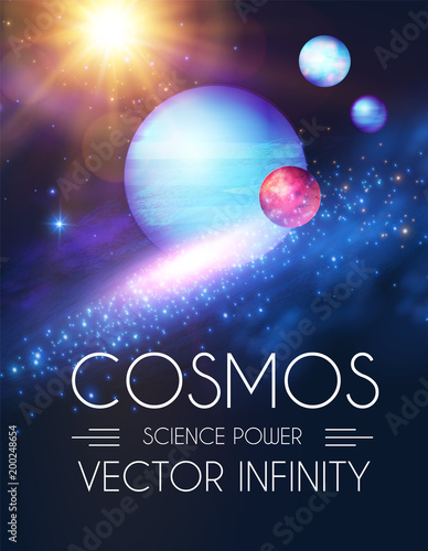 Space Shining Backgrouns with Realistic 3D Planets and Stars. Univerce and Cosmos Design. Light of a Galaxy. Science Template.